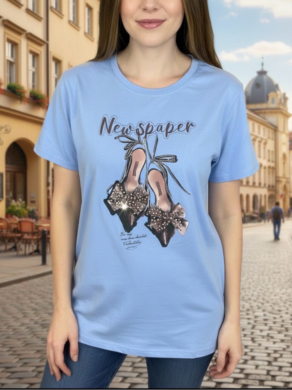 Light Blue Graphic Tee with Sequined Shoe Print